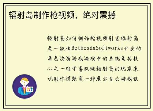 辐射岛制作枪视频，绝对震撼